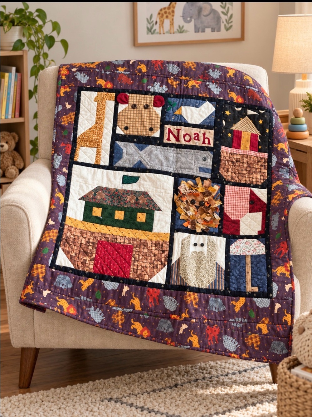 Handmade Noah Kids Patchwork Quilt - Multicolor 3D accents